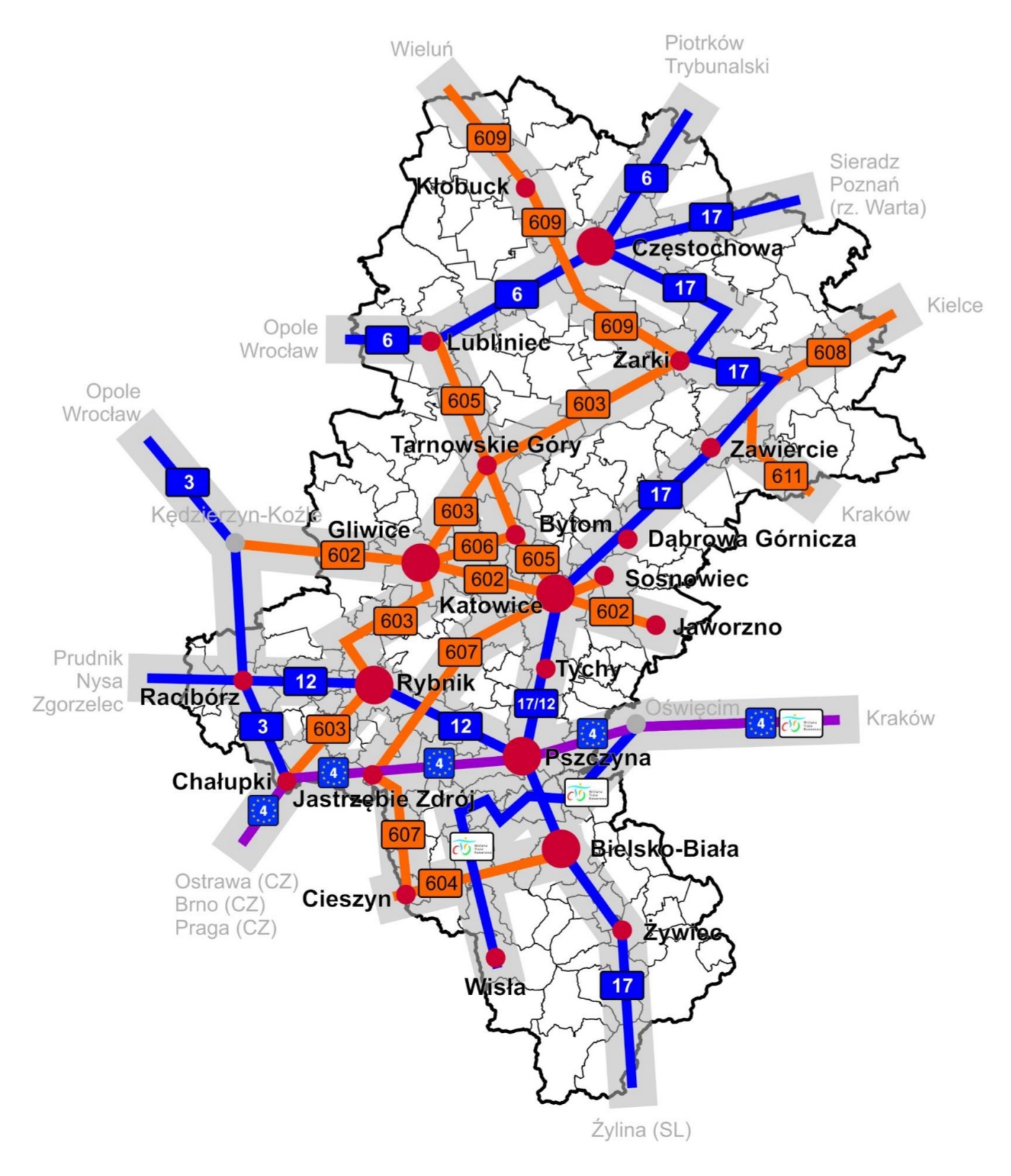Mapa projektowanych regionalnych tras rowerowych (RTR) obejmująca wojewódzką trasę 607 łączącą Cieszyn z Jastrzębiem Zdrojem.