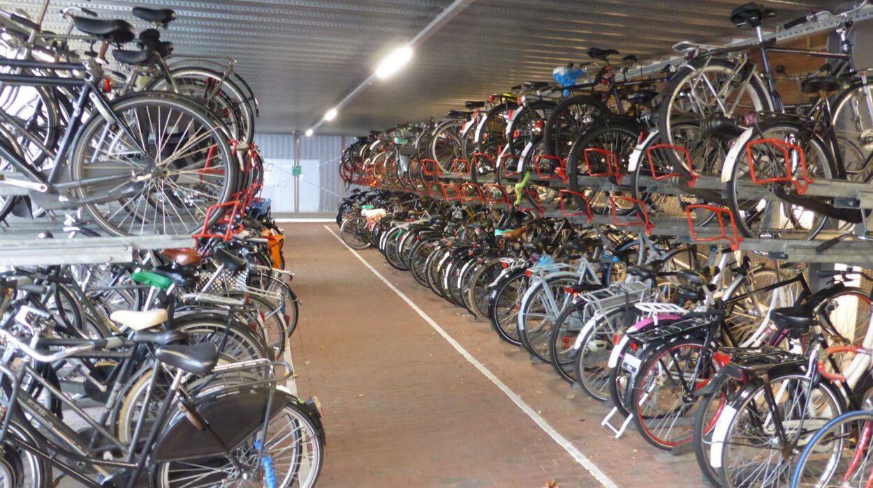 Przechowalnia rowerów w dzień robocy w pobliżu dworca kolejowego w Haarlem, Holandia.