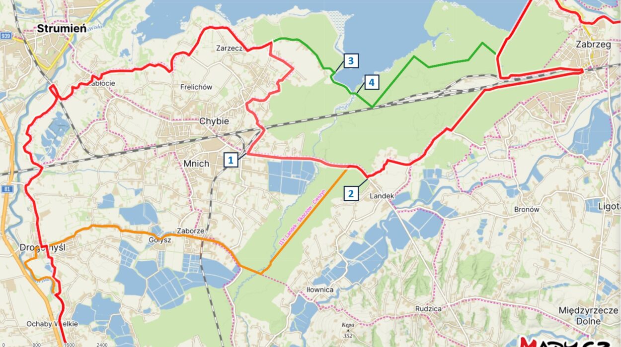 Mapa zbiorcza obrazująca pierwotny (kolor pomarańczowy), obecny (czerwony) oraz planowany (zielony) przebieg WTR między gminą Chybie a zaporą na Jeziorze Goczałkowickim.