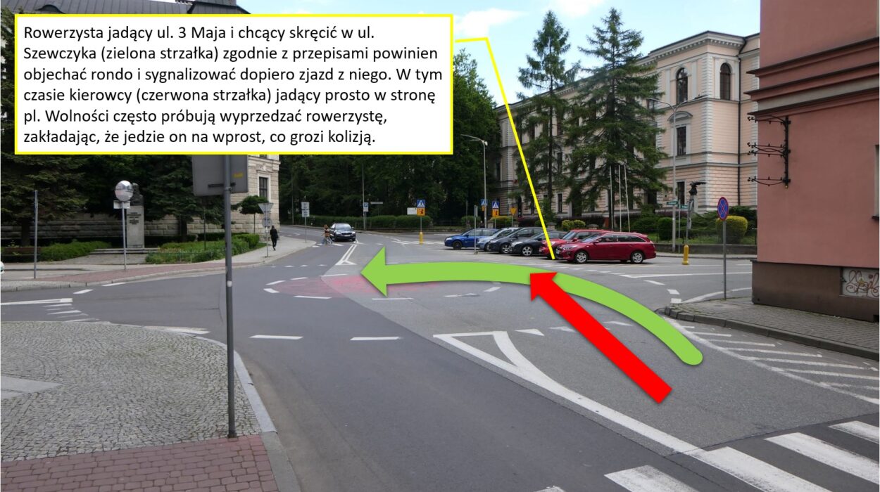 Prowizoryczne rondo na skrzyżowaniu ulic 3-go Maja, Szewczyka, Stalmacha i Placu Wolności.